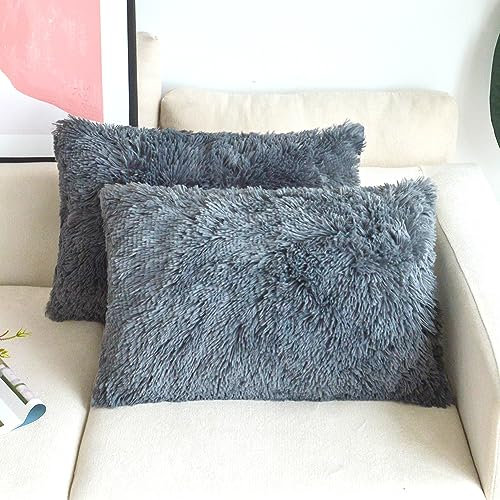 NordECO HOME 2er Set kissenbezüge 30x50 cm Kissen Dunkelgrau Künstlich Pelz Fellkissen Dekorative Deko Kissen Kuschelkissen Flauschig Sofakissen Weich Plüschkissen für Sofa