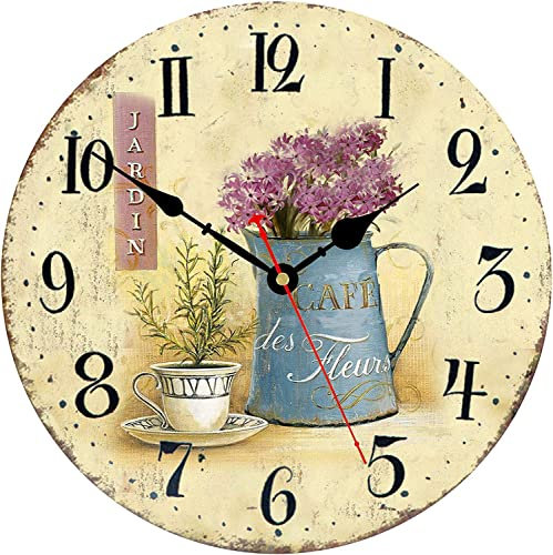 Toudorp Cafe Cup and Flowers Wall Clock, 12 Inch Battery Powered Silent Clocks, Unusual Vintage Shabby Chic Kitchen Wall Clocks Decorative for Bedroom Living Room Bathroom