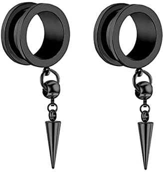 Gualiy 2 Stk Plug Edelstahl Ohr, Flesh Tunnel Plug 18mm mit Kegel Anhänger Schwarz Ohrringe Damen Tunnel