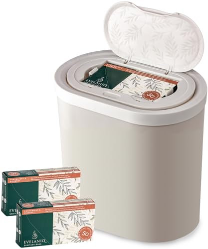 Evelaniq Women's Sanitary Napkin Disposal (Bin + 150 Hygiene Bags) Feminine Pad & Tampon Restroom Receptacle Mini Trash Can Starter Pack, Light Grey