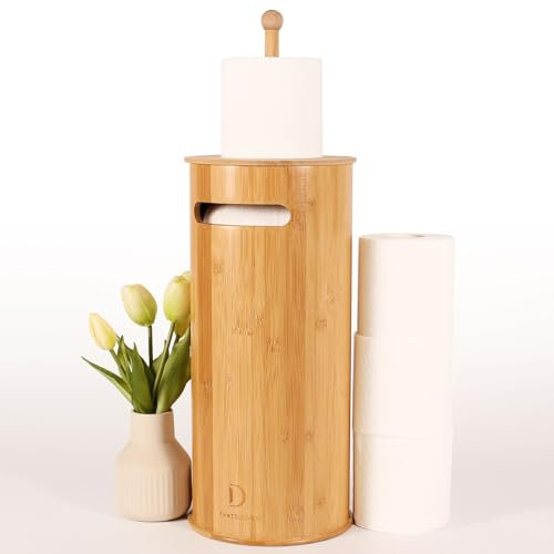 Toilettenpapierständer mit 3 Rollen Taschentuchhalter für Boho-Badezimmer, freistehender Bambus-Toilettenpapierhalter, Holz-Toilettenpapieraufbewahrung mit Deckel