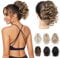 REECHO Pferdeschwanz Haarverlängerung, 23 cm Kurze lockige gewellte Haarklammer Haarteil Pferdeschwänze Haarverlängerungen Haarteile Ponytail Extension - Dunkles Aschblond mit Goldenen Enden