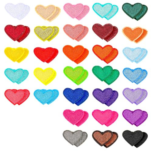 Iron on Hearts for Clothing, Teaaha 62 PCS Colorful Mini Heart Patch Embroidered Sew on Love Applique Patches for Jeans Jackets Hats Bags Backpacks Clothes DIY Craft Repair Decorations(31color)