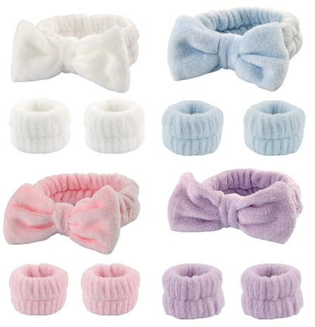 Spa Gesicht Stirnband Handgelenk Waschbänder Set, 4 Stück Spa Bowknot Haarbänder mit 4paar Handgelenk Waschband,Coral Fleece Makeup Bow Stirnband zum Waschen der Gesichtsdusche Yoga Sport Hautpflege