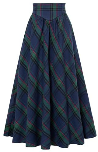 Weihnachten Mittelalter Rock Rockabilly Swing mit Taschen Winter Plaid Skirt Blau Grün Plaid S