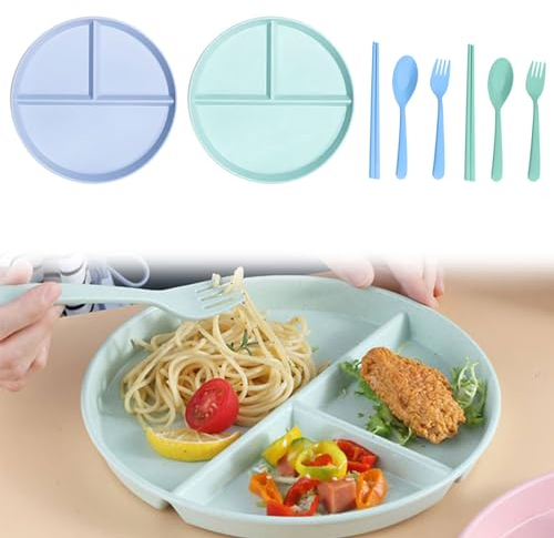 Assiettes Divisées,Assiettes Compartiments,Assiettes Perte de Poids,Assiette Plate avce Compartiments,Réutilisables Assiettes à Dessert,Assiette Plate Incassable,pour Adultes et Enfants (2)