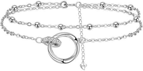 J.MUEN Fußkettchen Silber 925 für Damen,Doppelring Fußkette für Sommer Strand Schmuck Geschenk für Frauen Mädchen, Verstellbare Fußkette 22+4cm