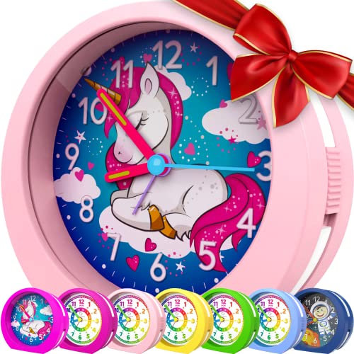 Honey's Heaven Kinderwecker ohne Ticken - für Jungen und Mädchen - Lernwecker Lernuhr Weckuhr Kinderuhr Quarzwecker Snooze Analog Quartz Wecker (Einhorn Rosa)