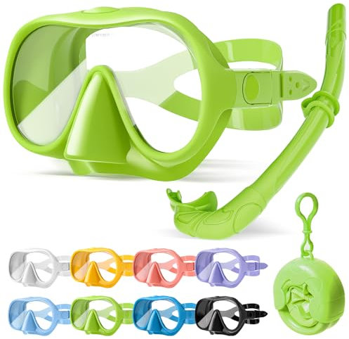HINATAA Schnorchelset Erwachsene, Macaron Rahmenlose Taucherbrille, 180° Ultra Weitsicht Anti Nebel Schnorchelmaske, Anti-Leck Professionelles Tauchmaske, Schwimmbrille Frauen Männer (Grün Set)