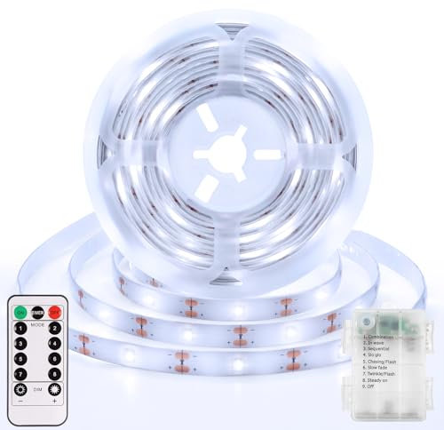 DBFAIRY Bande LED de 3 m avec piles, 90 LED, à piles, avec télécommande, minuterie, pour décoration de la chambre à coucher, de la maison, blanc