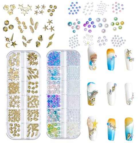 Ocean Themed Nail Charms, 2 Boxes Gold Nail Studs Shell Starfish Conch Sea Nail Charms Nail Rhinestones Pearls Summer 3D Nail Art Decorations Accessories for Nail Design DIY Crafts