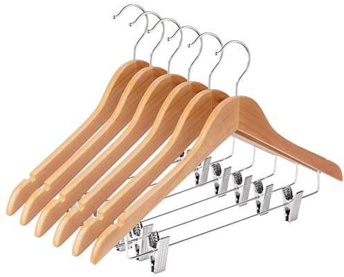 Ulimart Kleiderbügel aus Holz mit Clips, Hosenbügel, Rockbügel mit verstellbaren Clips, Kleiderbügel für Hosen, Jeans, Hosen, Shorts, Naturfarben, 12 Stück