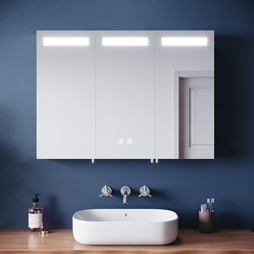 ELEGANT 900 x 650mm Bathroom Mirror Cabinet with Bluetooth and Shaver Socket Large LED Bathroom Storage Cabinet with 3 Mirrored Doors Illuminated Wall Cabinets, Touch Swith