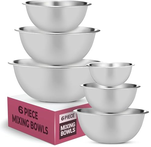 GARUET Mixing Bowls Set, Easy-Grip, Stainless Steel Mixing Bowls for Baking, Cooking, Salad & Food Prep - Large, Medium and Small Metal Nesting Bowls (6, White)
