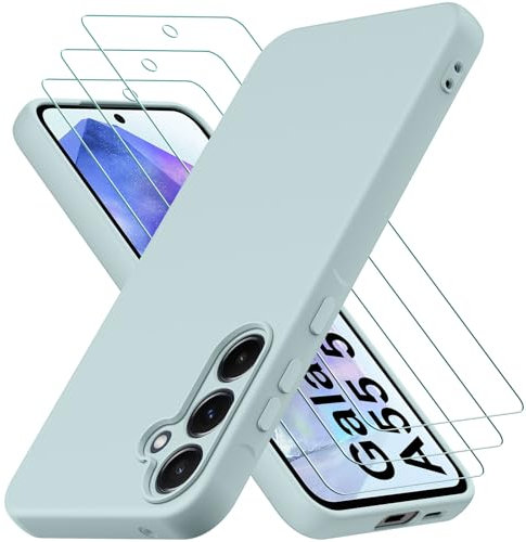 Coque Samsung Galaxy A55 5G, avec 3 Pièces Verre trempé Protection écran, Couche Intérieure Douce, Mince Souple Silicone Étui Protection Antichoc Bumper Housse TPU Téléphone Case Cover, Vert Clair
