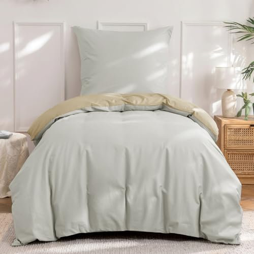 Aisbo Bettwäsche 155x220 Baumwolle Khaki Beige - Bettwäsche-Sets 155 x 220 cm Wendebettwäsche mit Kissenbezug 80x80 cm, Baumwollbettwäsche Oeko-TEX Zweifarbiger Bettbezug mit Reißverschluss