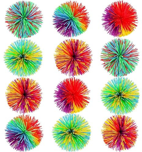 Piucrty Mitgebsel Kindergeburtstag Regenbogen Wuschelball 12Pcs Gastgeschenke Stressball Kinder Give Aways Kleinigkeiten Stringy Balls Tombola Preise Sensorik Gummiball Wundertüte Kleine Geschenke