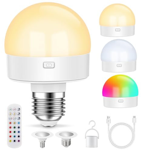 USB Rechargeable Light Bulb with Remote Control, Dimmable Colour Bulbs with Timing, Detachable RGB LED Bulb with E27 & E14 Bases, Battery Powered, 12+3 Color Temperatures, for Non Hardwired Lamps