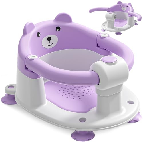 Badewannensitz Baby ab 6 Monate, Bär Rutschfester Badesitz Baby mit 4 Saugnäpfen und Kissen für Kleinkinder und Neugeborene, Sicherer Tragbarer Badstuhl für Dusche oder Badewanne, Lila