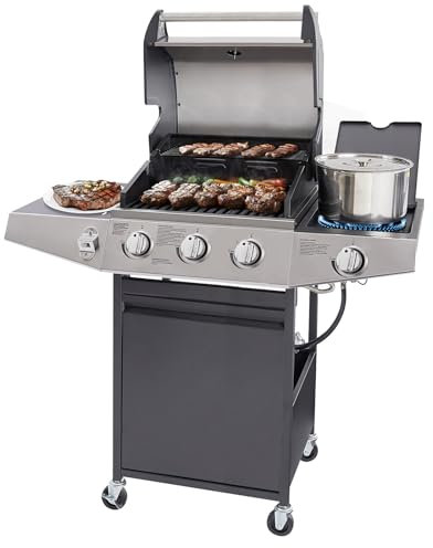 Unovivy Grill a gas propano a 3 fuochi con fornello laterale, griglie in ghisa smaltata in porcellana con superficie di cottura di 387 mq, 39.650 BTU per cucina all'aperto, barbecue da giardino e
