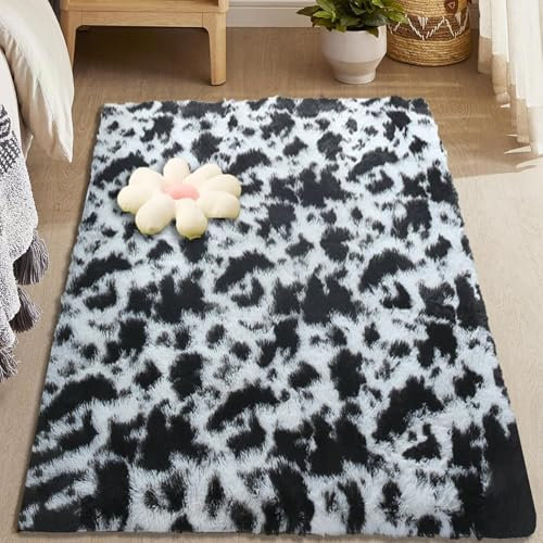 CUIMEI Teppiche Fürs Kinderzimmer 75 x 85 cm, Waschbar, Flauschige Oberfläche, Robust, Spitzenqualität, Pflegeleicht, in Vielen Farben & Größen, Moderner Teppich Fellteppich, Schwarz und weiß