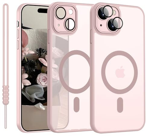 YUANDMI Coque magnétique pour iPhone 15 compatible avec MagSafe, étui pour iPhone 15 translucide mat coque ultra fine silicone anti-glisse résistant aux rayures, rose