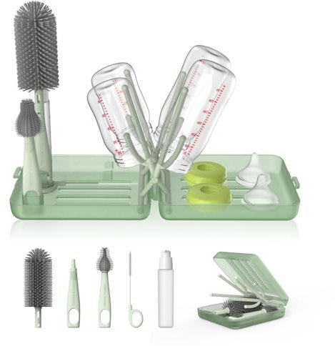 YOTIME Reise Flaschenbürsten Set mit Faltbarer Flaschenhalter, Selbstöffnender Halterung & Vertikalen Bürstenhaltern, 3 Bürsten + Spender, Reise Babyzubehör für Unterwegs, Hellgrün