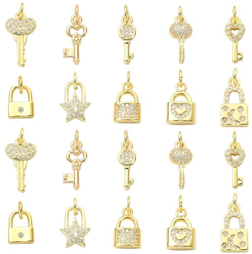 Stiesy 10Pcs Mixed Style Key Charms Brass Clear Micro Pave Cubic Zirconia Lock Pendants Charms Golden Key Shape Dangle Charm for Necklaces Jewelery Making DIY Bracelet Crafting