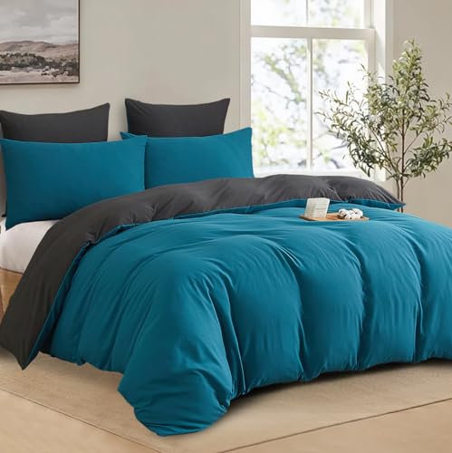 Boqingzhu Baumwolle Bettwäsche 200x200cm Türkis Petrol Blau Grau Doppelbett Weich Renforce Wende Baumwollbettwäsche Bettbezug 200x200cm und 2 Kissenbezüge 80x80cm mit Reißverschluss