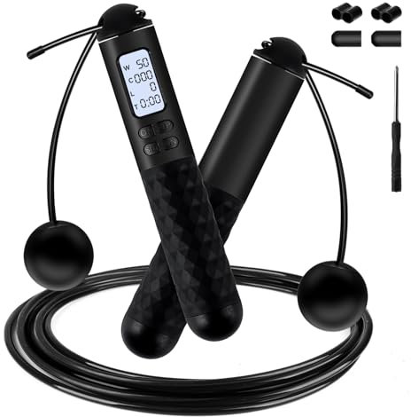 iMoebel Corda per saltare con contatore, regolabile Speed Rope, corda in acciaio antiscivolo, contatore calorie, timer per fitness boxe, dimagrante, colore nero