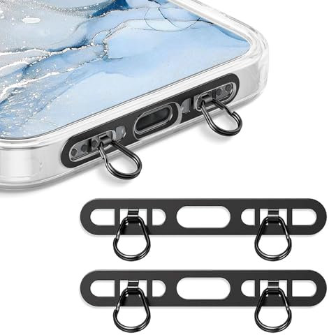 LunarCharm 2 Stück Metall Handy Kette Halterung Gilt für iPhone, Handy-Lanyard-Patch mit 2 Ringen, aus Edelstahl, Dünn Robust, verhindert Herunterfallen (schwarz+schwarz)