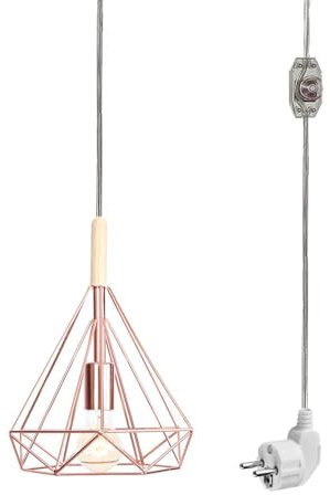 FSLiving Suspension à intensité variable avec abat-jour en métal, lustre rose prêt à brancher, avec câble de prise, douille E27, lampe suspendue pour chambre à coucher, table à manger, cuisine, salon