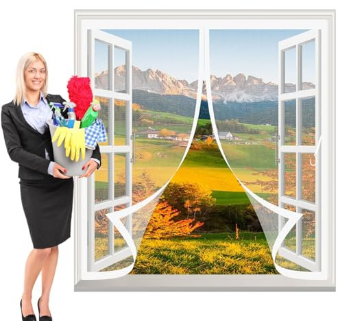 Zanzariera Finestra con Telaio 97 x 86 cm Si Chiude da Sola, Rete Fine, Chiusura Automatica Trasparente Tenda Magnetica Personalizzabile per Finestra di Multi Tipi, Bianco