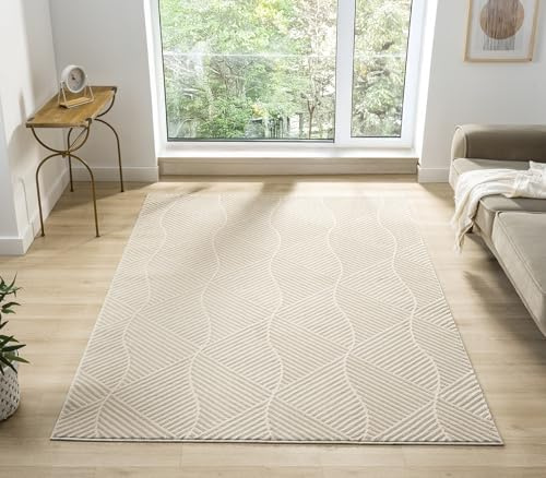 Vellure Modern Metallic Living Room Area Rug, Pyramid Cream, 160x230cm