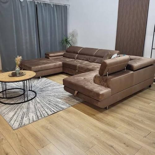 Ecksofa RODOS mit Schlaffunktion und Bettkasten – Schlafsofa U-Form mit Stauraum – modernes Eckcouch Sofa für Wohnzimmer – Couch mit Bettfunktion – Links oder Rechts montierbar (Braun, Rechts)