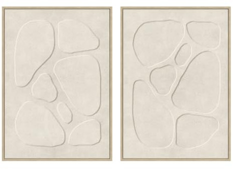Set 2 cuadros abstractos decorativos beige con marco de 70x50 cm | Dibujo con relieve. Marco de madera. 2 ganchos traseros para colgar