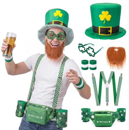 Boyigog St. Patrick's Day Kostümzubehör, grün, Gürteltaschen-Set, Hosenträger, Hut, Bart, 9-teilig, St. Patrick's Day, grünes Kostüm, Accessoire für Männer und Frauen, Partyzubehör, Dekoration