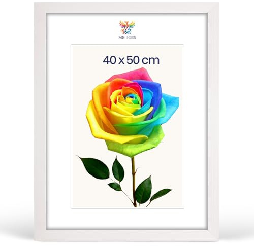 MG Design Bilderrahmen 40 x 50 cm – Posterrahmen mit Weiß Holzrahmen (Echtholz) und bruchsicherem Acrylglas, Hoch & Quer mit stabiler Wandaufhängung