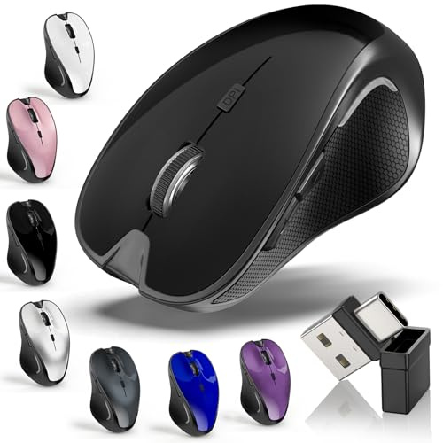 Mouse for MacBook Bluetooth Wireless Mouse Laptop MacBook Air Mac Pro Silent Rechargeable PC iPad Optical Mouse with Jiggler Dual Mode Switch Bluetooth 5.2/3.0 and 2.4GHz USB Type-C Receiver BLACK