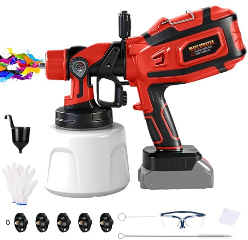 Akku Farbspritzgerät mit 1,4-L-Behälter für Milwaukee 18V (ohne Batterie) | 200W, Elektro Farbspritzpistole, mit 5 Düsen, 3 Sprühmuster, LED-Leuchte, Reinigungsbürste, Handschuhe, Schutzbrille