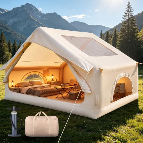 Aufblasbares Campingzelt, 300×210×200cm für 3-4 Personen, wasserdichtes 210D Oxford Gewebe, UV-Schutz, Handpumpe Heringe, Schnellaufbau in 3-5 Minuten, für Familiencamping, Outdoor Abenteuer