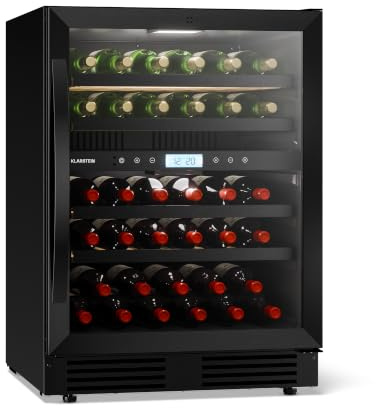 Klarstein VeroSteel Unterbau-Weinkühlschrank – Zweizonen-Weinkühlschrank für 43 Flaschen, UV-Glastür, Touch-Bedienfeld, ausziehbare, leicht zugängliche Holzregale