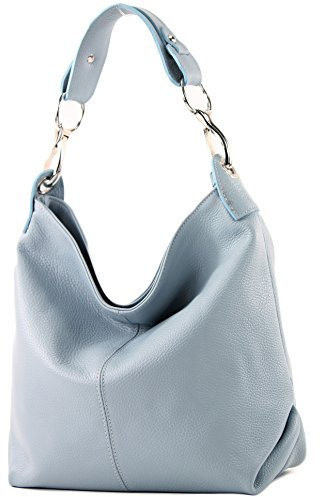 modamoda de T168 Damen Leder Schultertasche Henkeltasche Medium handmade in Italy, Farbe:Eisblau