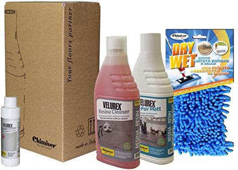 Chimiver Kit pulizia pavimenti/superfici in Resina. Set per manutenzione e detergenza: 1L RESINA CLEANER+1L RE-PAIR MATT+1 PANNO MICROFIBRA DRY WET+200ml IN OMAGGIO CERAMIC CLEANER