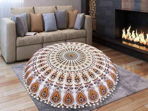 Mandala-Bodenkissen, 81,3 cm, für Meditation, Bohemian-Kissen, Sitzkissen, Überwurf, Hippie, dekorativ, Boho, indisch, groß, Ottomane, Outdoor, Heim, Kunst, Dekoration, Fällen, rund, Bommel, Baumwolle