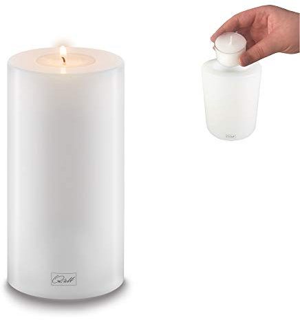 Qult Farluce Trend • Teelichthalter in Kerzenform • Kerze • Kunststoffkerze in Kerzenoptik • Teelichtkerze mit Teelichteinsatz • inkl. Teelicht • weiß (Ø 8 H 15 cm)