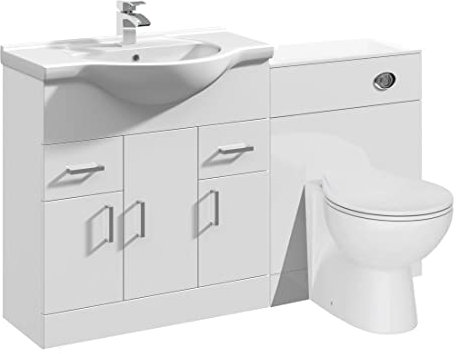 VeeBath Linx 1250 Vanity Unit Furniture Set, Wash Basin Bathroom Sink, WC, Toilet Pan, Soft Close, Quick Release Toilet Seat with Concealed Cistern-White (Flat Pack)