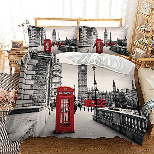 FANSU Bettwäsche Set 3 teilig, 3D Modern Stadt Wahrzeichen Bedrucktes Atmungsaktiv Microfaser Bettwäsche Set Kopfkissenbezug Bettbezug mit Reißverschluss Schließung (230x200cm,London)