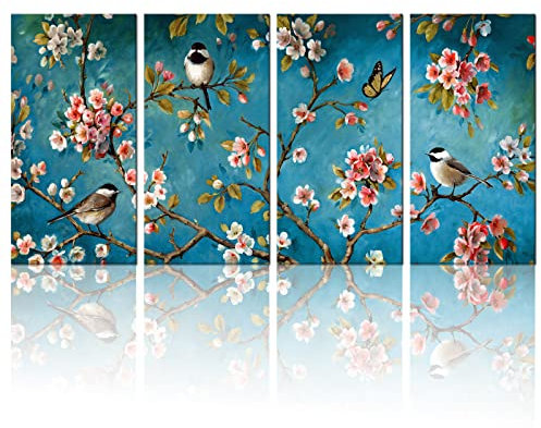 Biuteawal - 4 Stück Vögel und Blumen Wandkunst Vögel auf Blütenbaum Bilder Gemälde auf Leinwand Blau Türkis Leinwanddrucke Kunstwerk für Zuhause Küche Wohnzimmer Dekor fertig zum Aufhängen