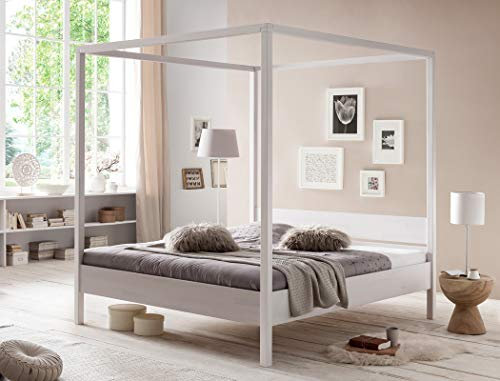 expendio Himmelbett Sabri Kernbuche weiß Größe nach Wahl Massivholzbett Doppelbett Ehebett Singlebett Bett Schlafzimmer, Liegefläche:180 x 200 cm